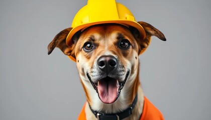 A cheerful dog wearing a work helmet and uniform. Labor Day in the United States. Respect for labor and the unofficial end of summer	