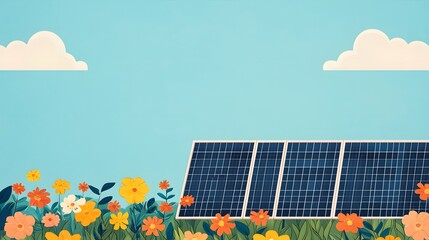 Solar panels in a colorful flower field under a bright blue sky with clouds.