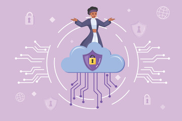 Cloud Data Security and Cyber Protection: An Illustrated Concept of a Woman Overseeing Secure Information Management within a Cloud Environment.