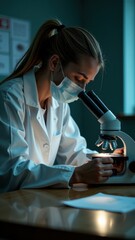 A scientist in a lab coat and mask carefully examines a sample through a microscope, emphasizing focus and precision in a laboratory setting