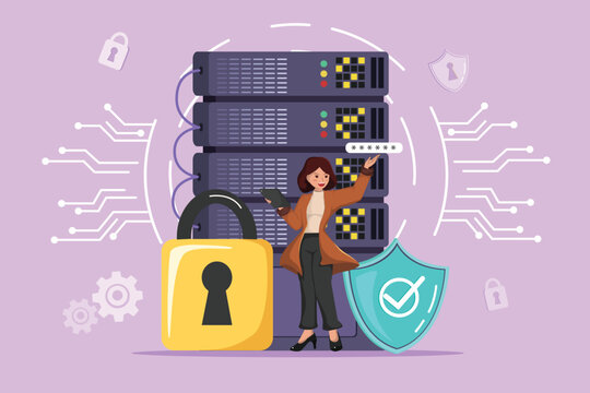 Server Security and Data Encryption: Illustrated Concept of a Woman Managing a Secure Server Rack Protected by a Large Padlock and Firewall Shield.
