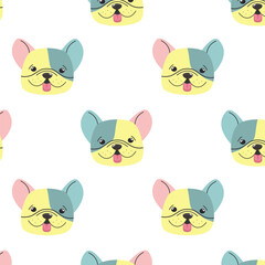 Cute pastel French Bulldog faces evenly arranged – vector background for textiles, decor, and crafts