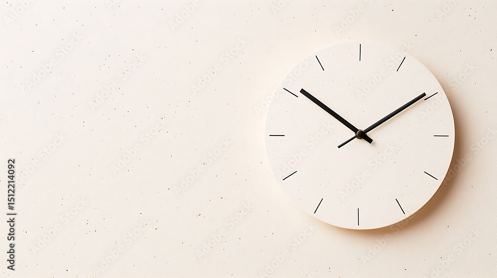 Poster minimalist clock on a textured wall, showing 10:12. a clean design with subtle speckles, emphasizing