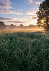 Fototapeta premium Misty Sunrise Over Dew-Covered Field