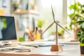 Mini wind turbine model on office desk in bright workspace