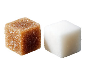 Sugar cubes: one white and one brown showcasing their contrasting colors and textures against a transparent background