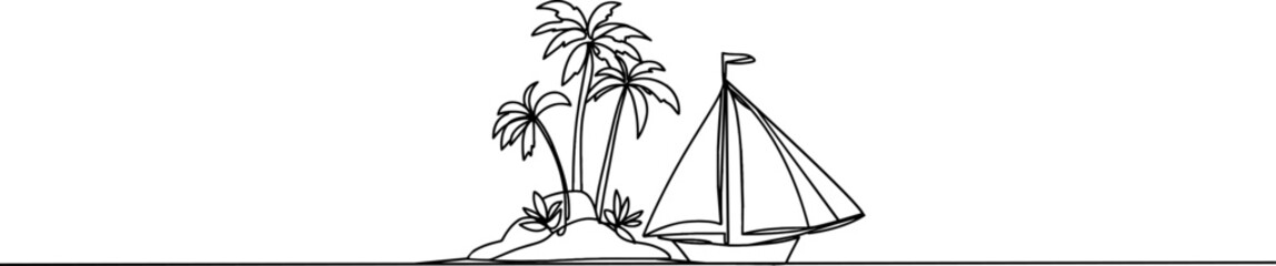 Sailboat at sea one line drawing .Ship . Sea boat one continuous line. Sail vessel . Island with palm trees. Landscape line art.Tropical beach.
