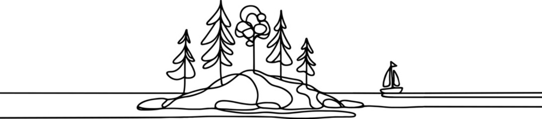 Landscape one line  Island with a tree one continuous line drawing. Single line  of tropical palm trees . Ocean beach line art . Palm on the island .Tropical beach .Travel and vacation concept.