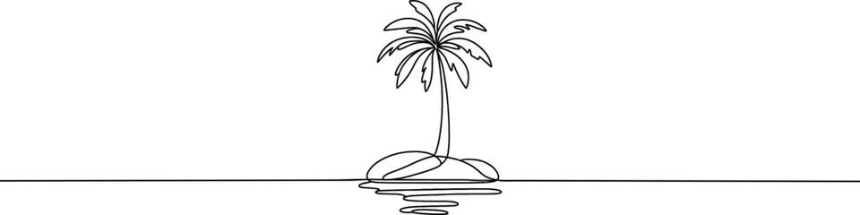 Palm tree one continuous line drawing. One line  of tropical palm trees . Ocean beach line art . Palm on the island .Tropical beach. Landscape..