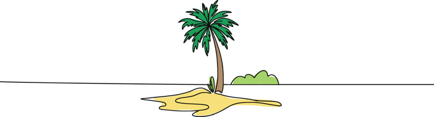 Palm tree one continuous line drawing. One line  of tropical palm trees . Ocean beach line art . Palm on the island .Tropical beach .Travel and vacation concept.