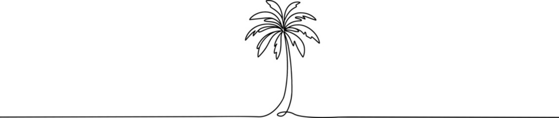 Palm tree one continuous line drawing. One line  of tropical palm trees . Ocean beach line art . Palm on the island .Tropical beach .Travel and vacation concept.Landscape.