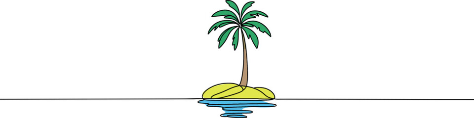 Palm tree one continuous line drawing. One line  of tropical palm trees . Ocean beach line art . Palm on the island .Tropical beach .Travel and vacation concept.Landscape.