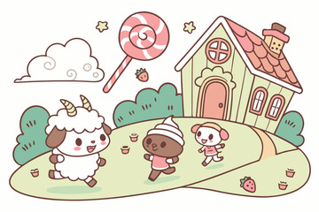 Fototapeta premium Kawaii food fantasy Chibi livestock animals made of candy! A marshmallow sheep with licorice wool, a chocolate cow with candy-cane horns, and a jellybean goat trotting toward a gingerbread mosque. Cup