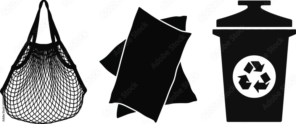 Poster a set of three black and white icons featuring a net bag paper sheets and a recycling bin icon