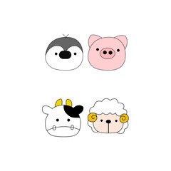 Set of vector animal faces. Illustrations of cute animal heads. Smiling animals. Children cartoons. set of Vector Kawaii animals.