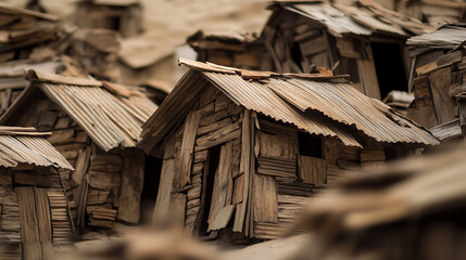 Rustic settlement with weathered wooden structures and corrugated metal roofs. A close-up view of simple homes, showing age and decay. Poverty context.