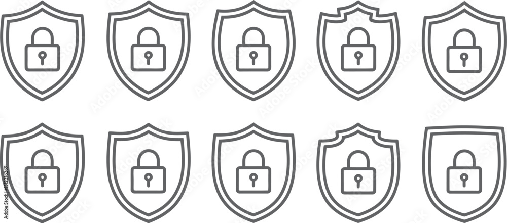 Poster ten shield icons with padlocks inside representing security and protection in a simple line art styl
