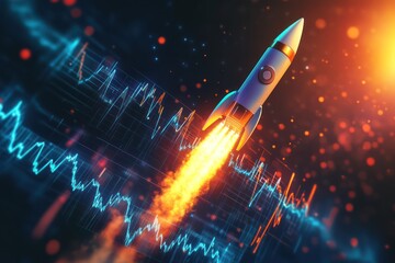 Rocket launch mirrors upward growth in futuristic style
