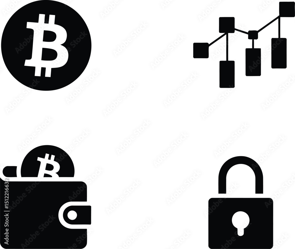 Poster a collection of cryptocurrency and security icons including bitcoin wallet chart and padlock symbols
