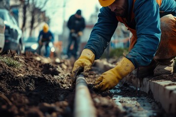 Urban utility workers install plastic pipes in open trench