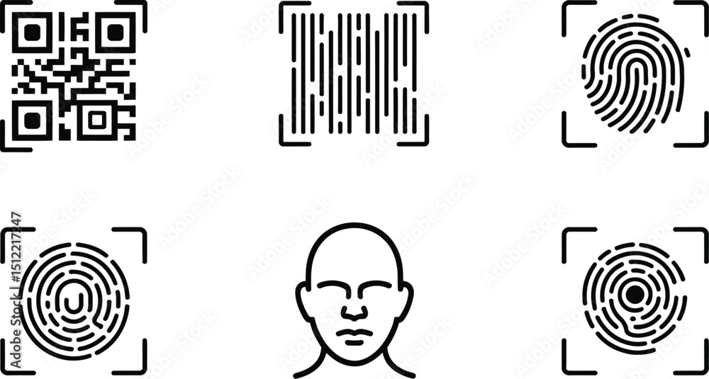 Poster a set of six black and white icons representing different types of identification and security metho