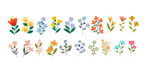 Set of vector floral Flower. Illustrations of cute floral flower. Children cartoons. set of Vector Kawaii floral.