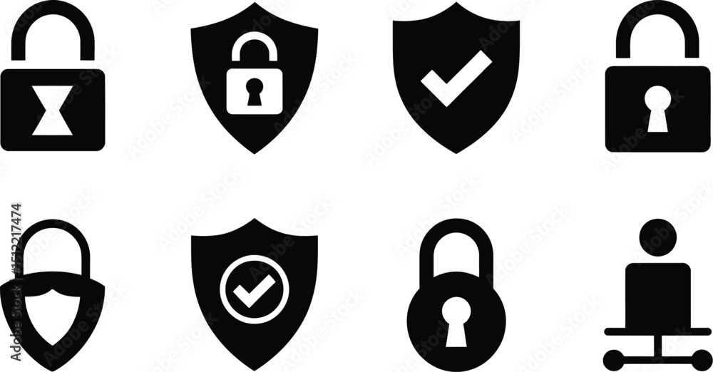 Poster a collection of security icons featuring padlocks shields and a network user icon in black and white