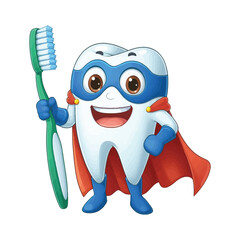 Superhero Tooth Cartoon Character With Toothbrush on a white background