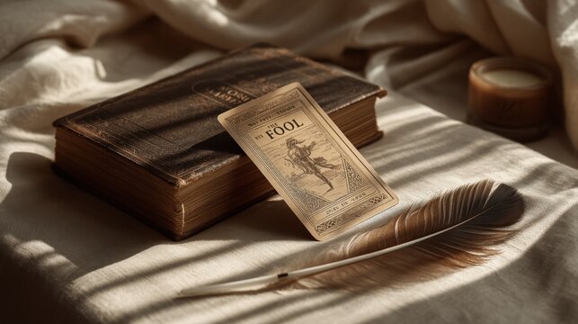 Explore the mystical energy of The Fool tarot card resting on a soft fabric backdrop