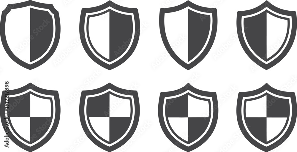 Poster a set of eight shields with varying color divisions displayed on a white background in a pattern