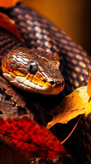 Detailed portrait of a snake. Close-up of a brown serpent among autumn leaves, wildlife concept, animal reptile, nature scene, fall season.