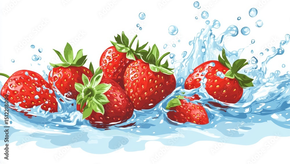 Poster the collision of red strawberries and refreshing water against a white backdrop creates a visually s