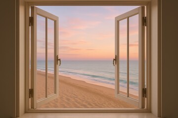 Morning light shines through open windows onto a serene beach view at sunrise