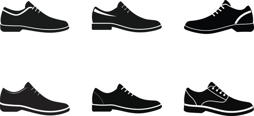 Collection of vector silhouette shoe styles including black and white fashion footwear for men and women