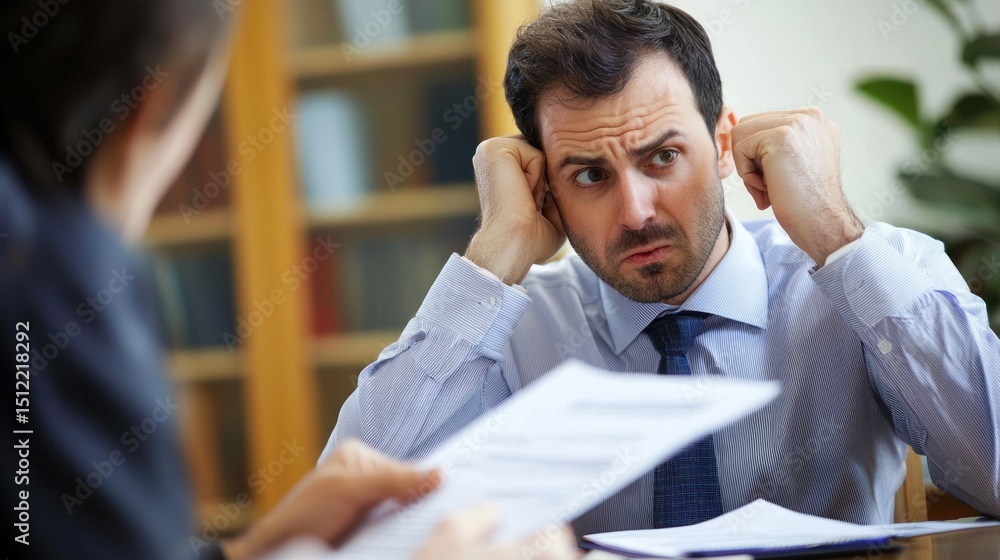Poster a businessman looking frustrated while receiving a document with incorrect formatting from a colleag