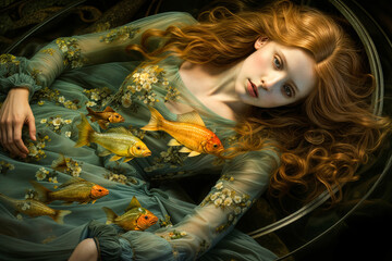 Redhead woman in ethereal dress with flowing hair surrounded by golden fish, dreamy underwater scene, fantasy portrait, artful, surreal, captivating.
