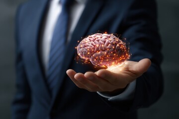 A businessman holds a glowing, digital representation of a brain, symbolizing the fusion of intellect and technology in driving innovation and creativity in the modern world.