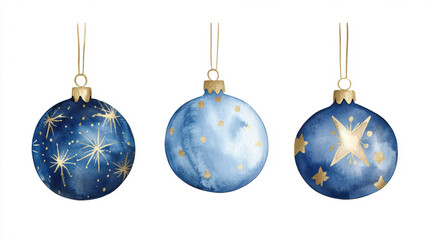 Three elegant blue christmas ornaments with gold caps hanging against white background for holiday decoration