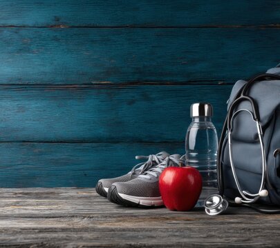 This image showcases essential items for a healthy lifestyle: athletic shoes, a fresh apple, a water bottle, a stethoscope, and a backpack, symbolizing wellness and fitness.