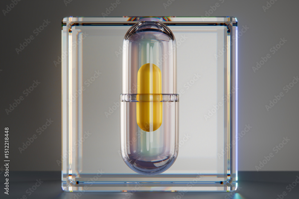 Poster transparent capsule with yellow pill inside displayed in a glass cube. 3d rendering