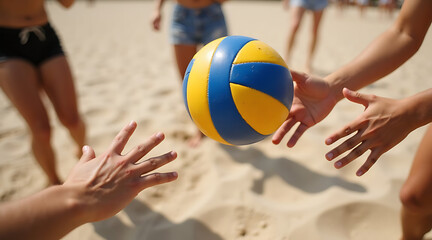 Players engage in exciting beach volleyball match under sunny sky by the shore Generative AI