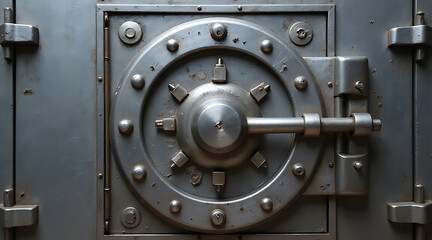 Heavy metal vault door secured with a prominent locking mechanism in a dimly lit basement Generative AI