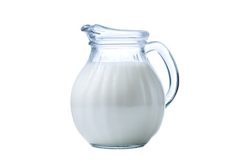 Fresh milk pitcher on a clean background, glass jug filled with creamy milk, ideal for recipes or breakfast themes. Isolated on white background or PNG