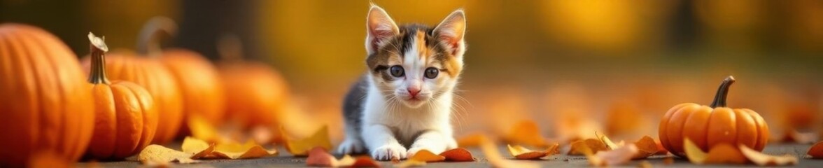 Adorable calico kitten playing amidst autumn pumpkins , foliage, adorable, kitten