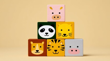 Colorful Pyramid of Wooden Building Blocks Featuring Cute Animal Faces Against a Soft Beige Background