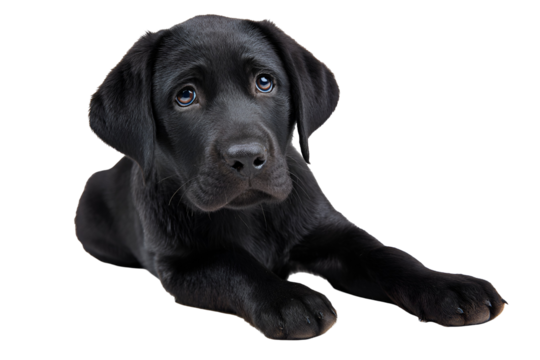 Playful black Labrador puppy, charming young dog lying on a soft surface, ready for play or companionship, with ample space for text. Isolated on white background or PNG