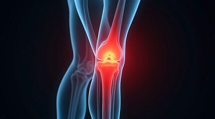 Human knee joint showing signs of inflammation with highlighted pain area during medical illustration Generative AI