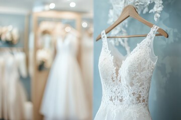 Elegant Wedding Dress Hanging in Boutique Store