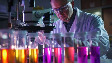 A scientist in a lab coat examining water samples under a microscope to detect impure substances