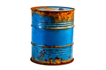 Rusty blue metal barrel, weathered surface with peeling paint and rust, ideal for industrial or urban-themed designs. Isolated on white background or PNG